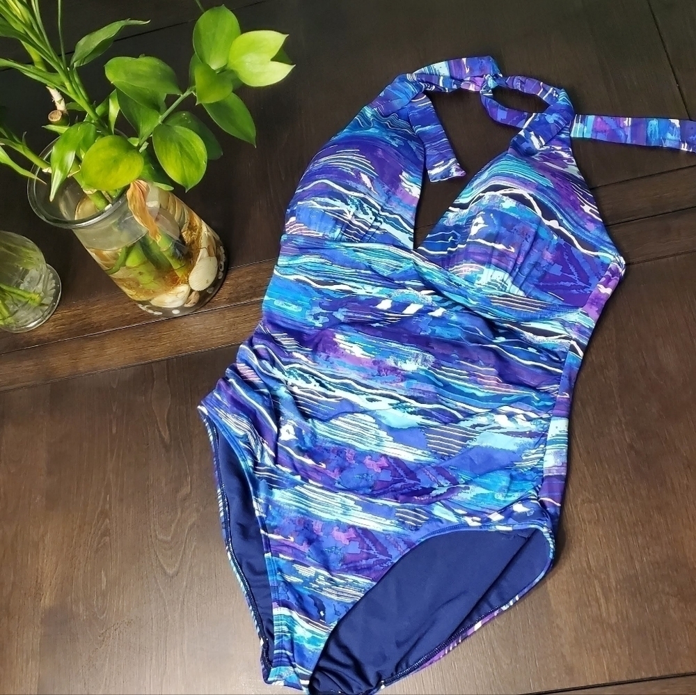 Ralph Lauren blue one piece lined Multicolored haltered swimsuit